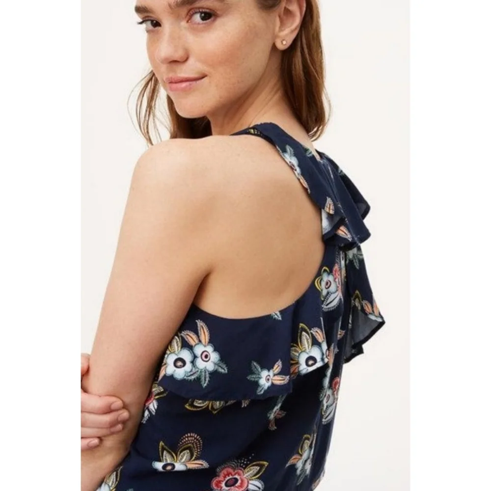 Loft Ruffle Racerback Floral Romper Navy Size M - Picture 4 of 15